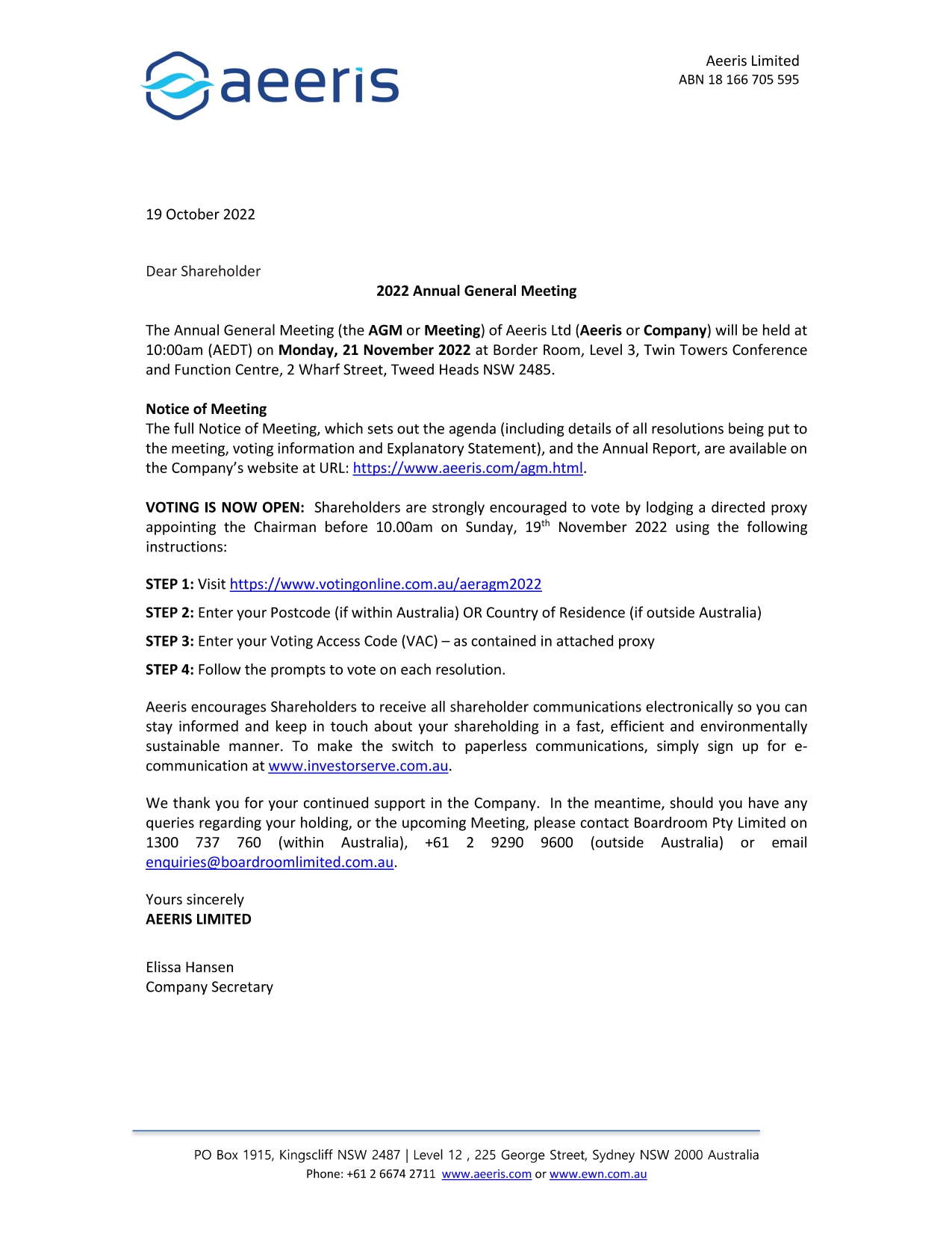 Notification of AGM 2022