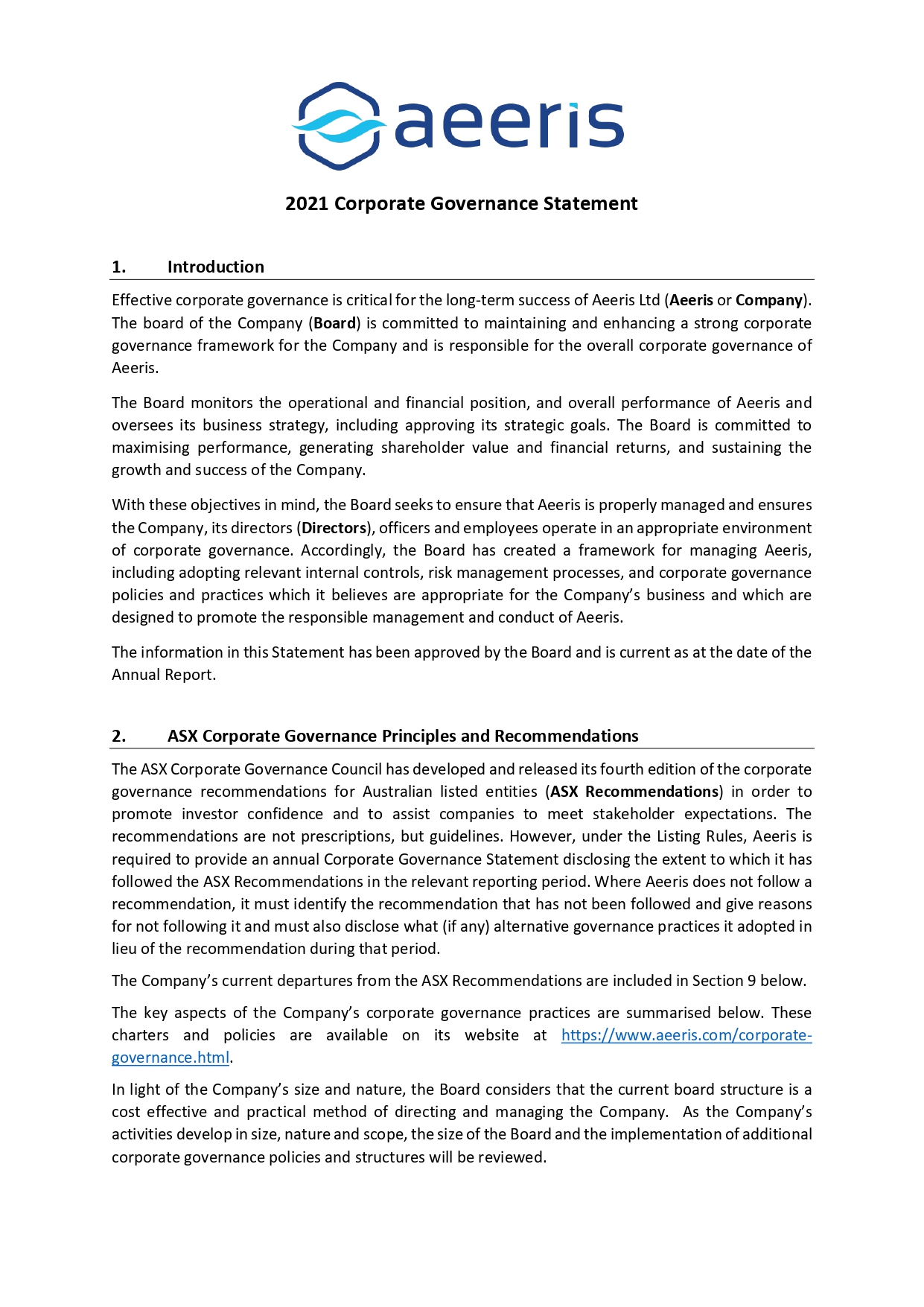 Corporate Governance Statement 2021