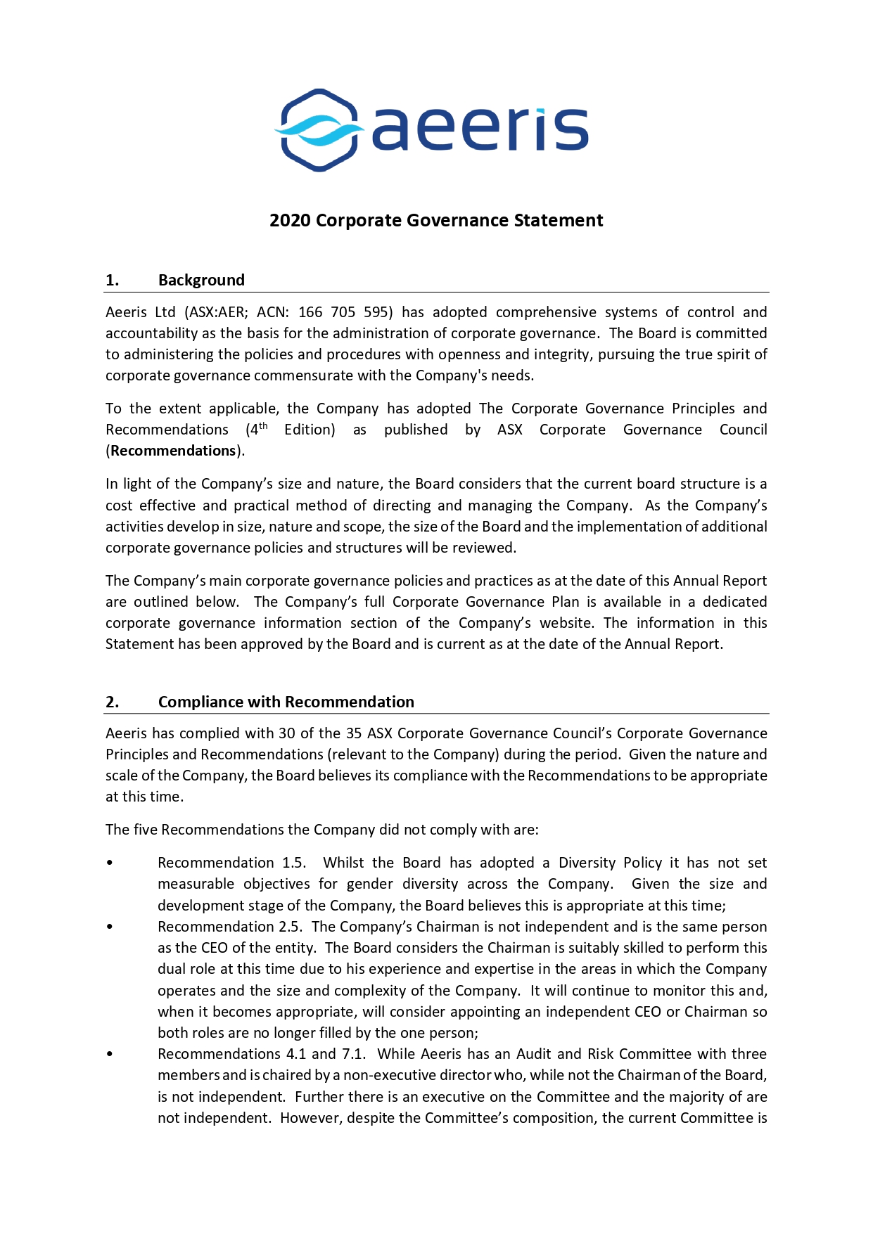 Corporate Governance Statement 2020